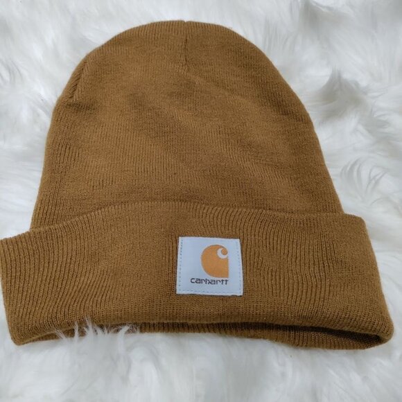 Carhartt Patch Logo Ribbed Knit Cuffed Beanie Brown Men's One Size - Picture 3 of 7